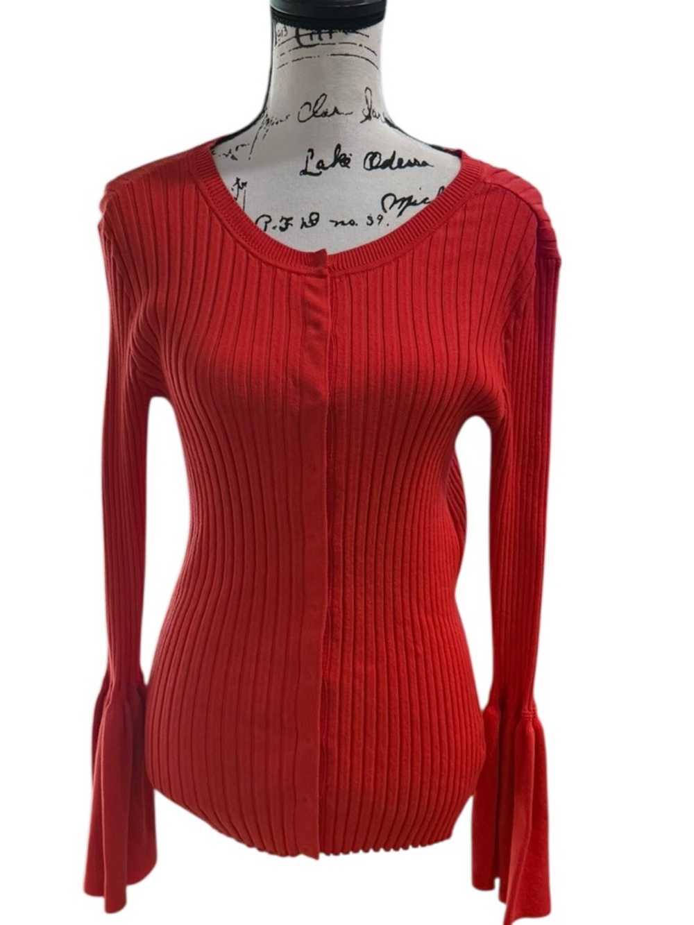 Cabi Women’s Trumpet Sleeve Ribbed Cardigan vibrant red Size Small